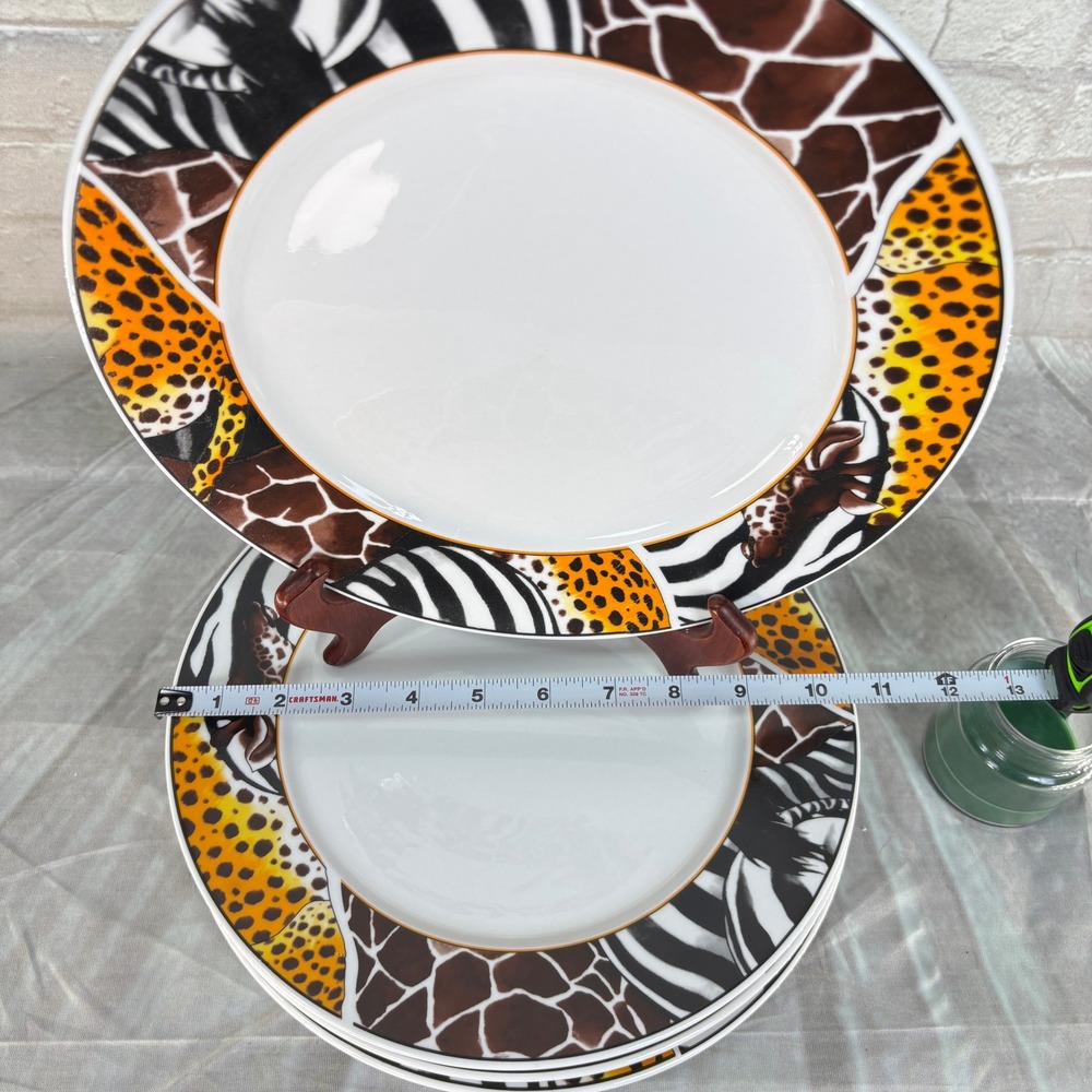 FC Porcelain Safari Print Dinner Plates Set of 4 Zebra Leopard Giraffe 10.5"